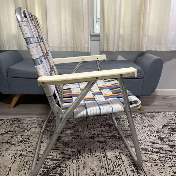 Vintage Rainbow Striped Mesh Web Aluminum Folding Lawn Chair 1970s Sun Terrace - Picture 7 of 13
